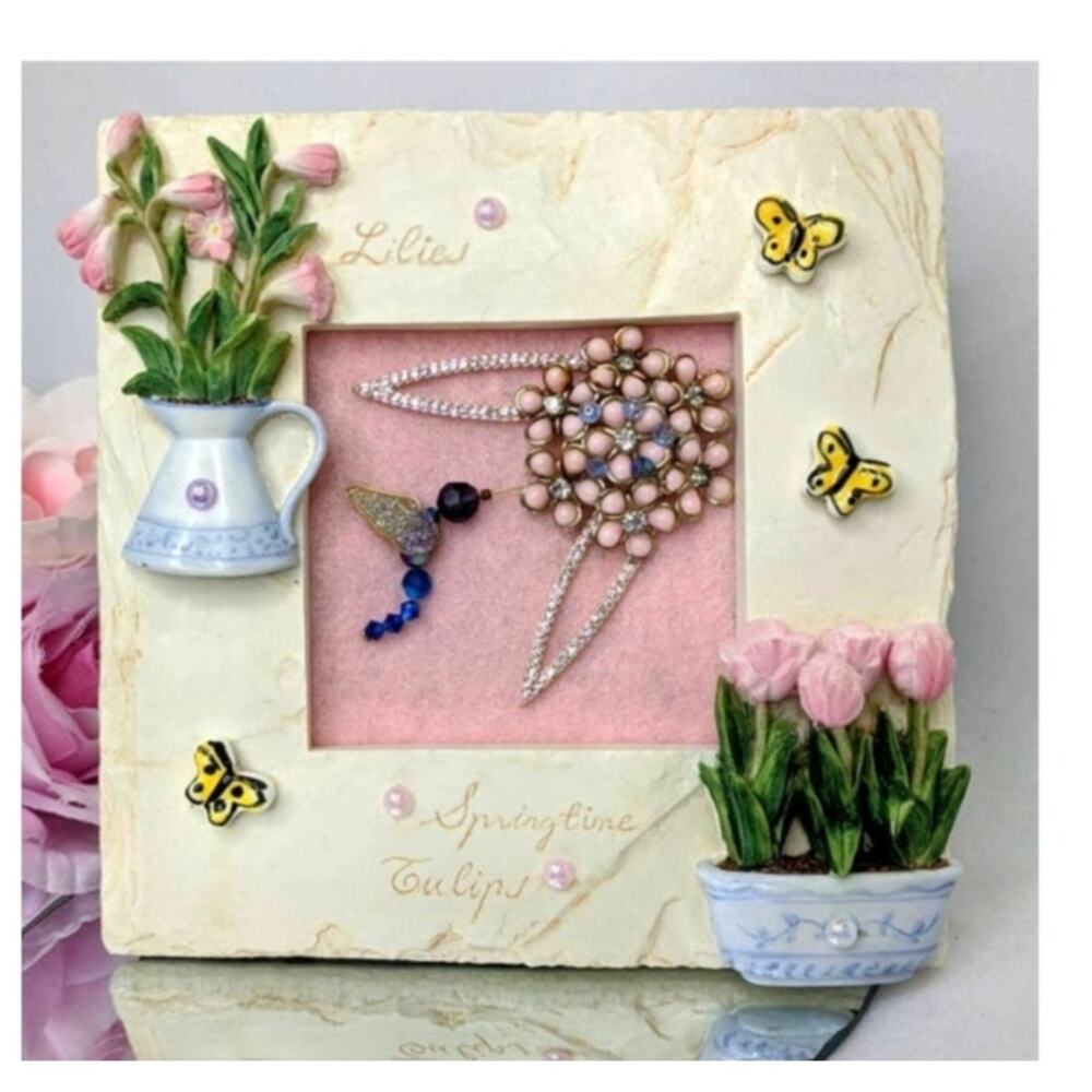 Vintage Framed Jewelry Art Collage Whimsical 3D Hummingbird Flower Shabby Chic
